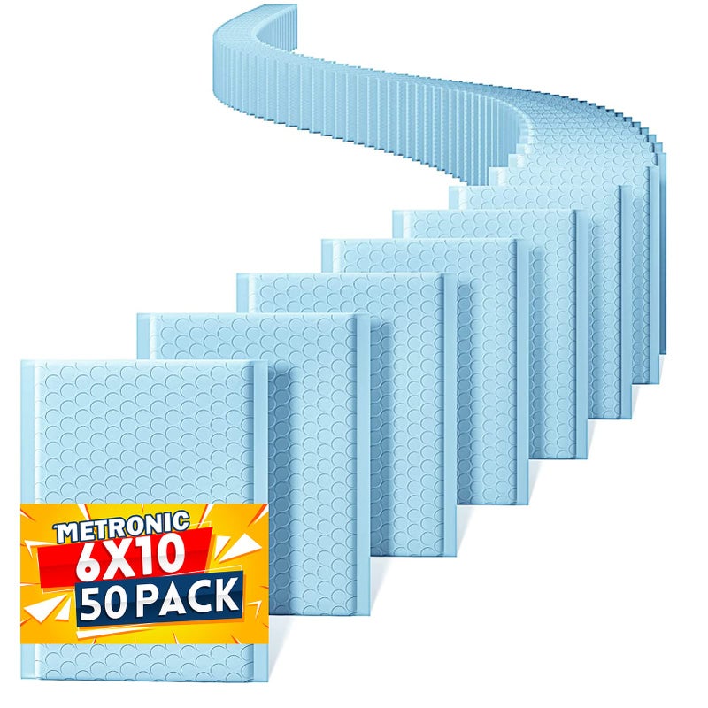 Metronic Bubble Mailers 6x10 Inch 50 Pack, Self-Seal Waterproof Padded Envelopes, Bubble Packaging Envelopes for Shipping, Mailing, Small Business, Light Blue Bulk #0, Bubble Mailers Usable Size 6x9 - Image 1